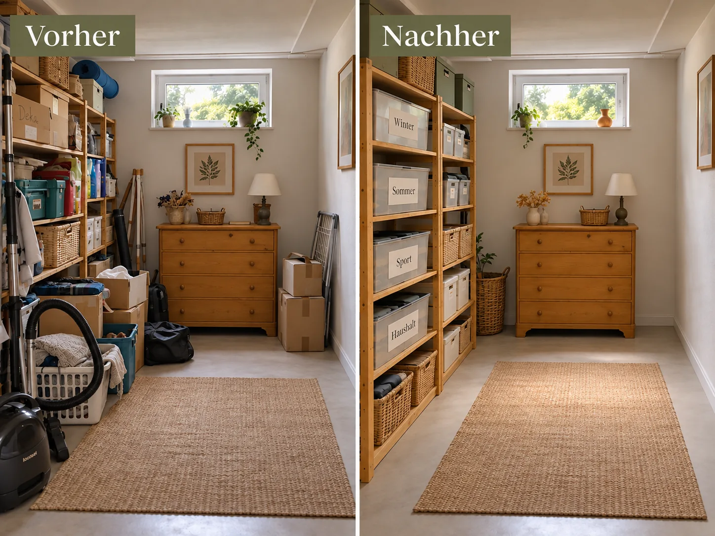Beispielbild eines Abstellraums vor und nach dem Sortieren