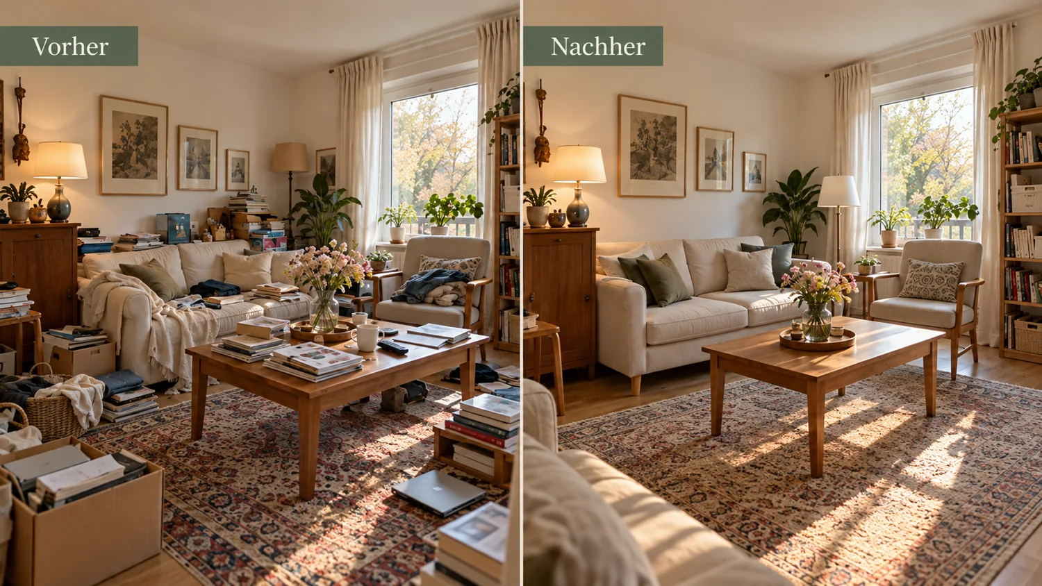 Beispielbild eines Wohnzimmers vor und nach dem Ordnen, als Vergleich nebeneinander